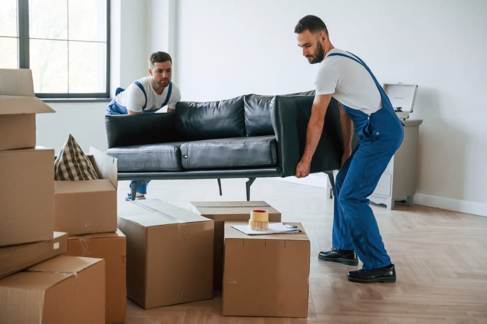 Friendly man and van driver with his assistant moving a sofa on moving day
